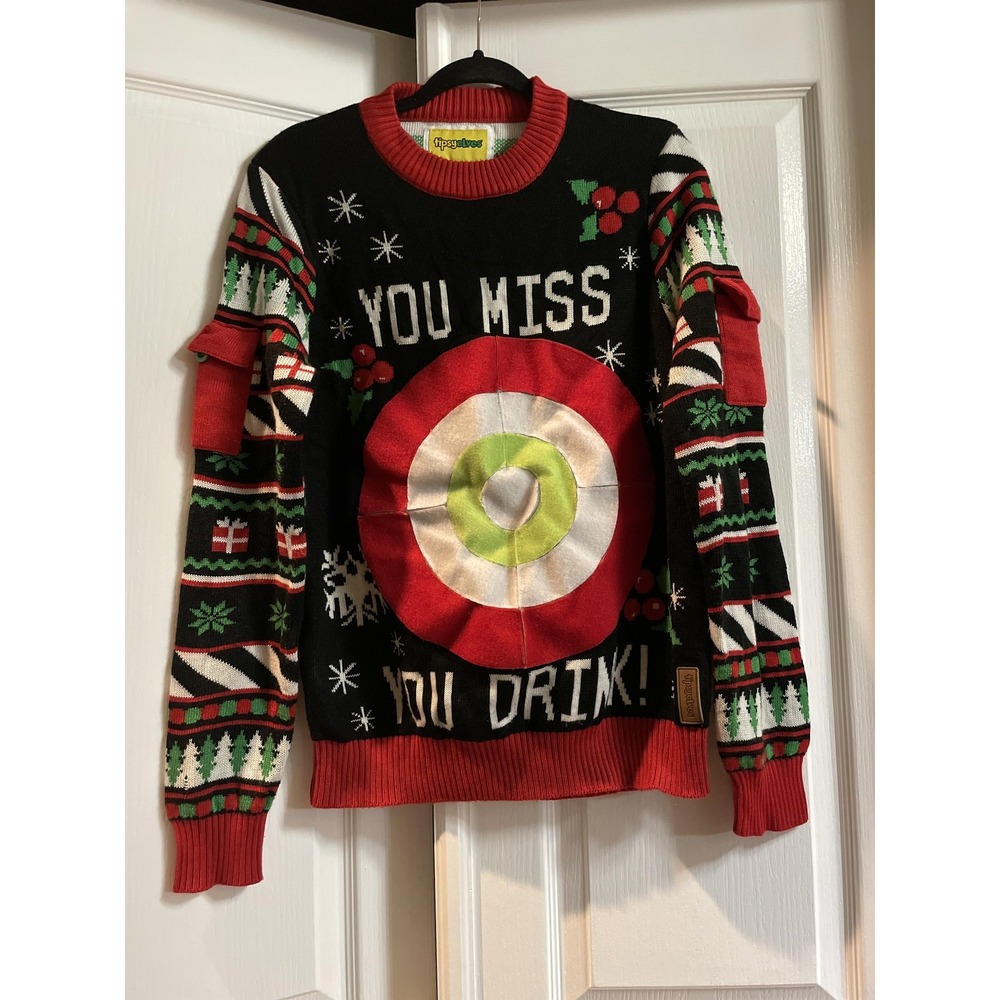 Tipsy Elves Sweater Mens Medium Black Red‎ Christmas Drinking Game Ugly Bullseye